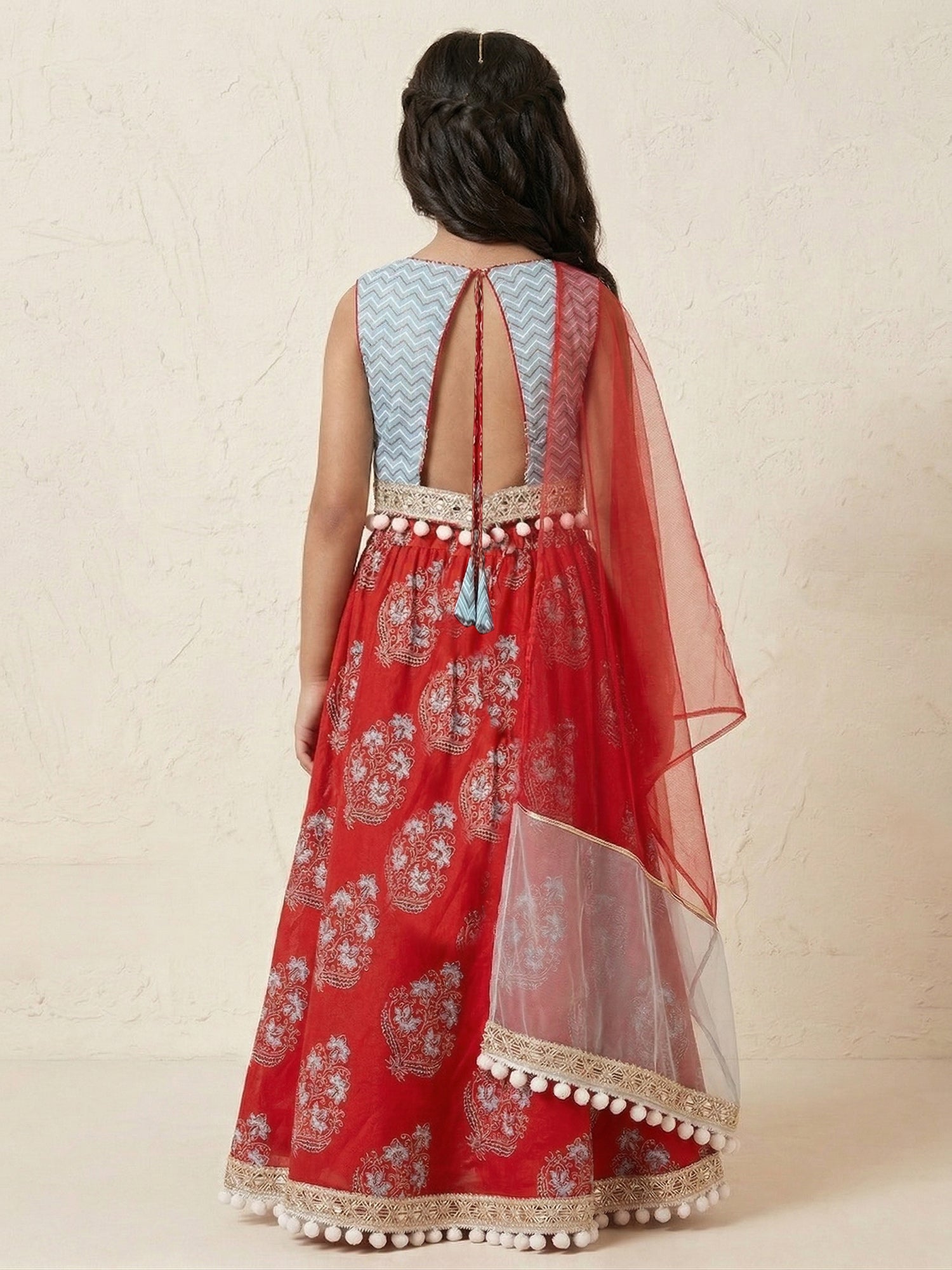 Pspeaches Girls Sky Blue & Red Ethnic Motiff Print flared Cotton Lehenga & Choli With Dupatta (Sku-L-Floralfirozi)