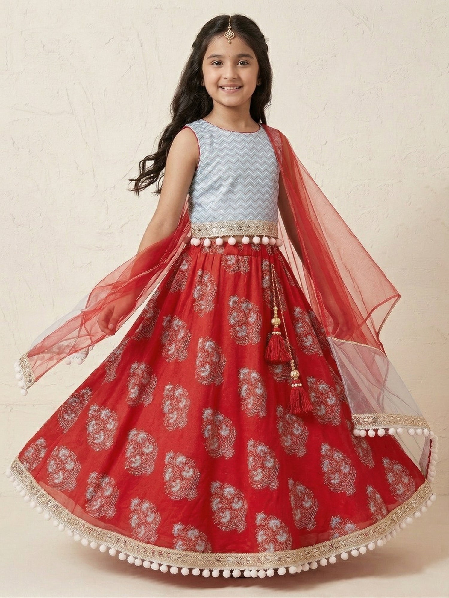 Pspeaches Girls Sky Blue & Red Ethnic Motiff Print flared Cotton Lehenga & Choli With Dupatta (Sku-L-Floralfirozi)