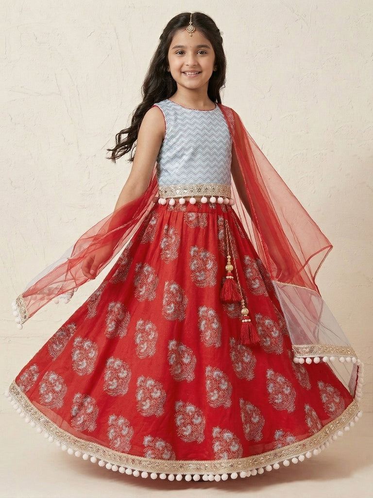 Pspeaches Girls Sky Blue & Red Ethnic Motiff Print flared Cotton Lehenga & Choli With Dupatta (Sku-L-Floralfirozi)