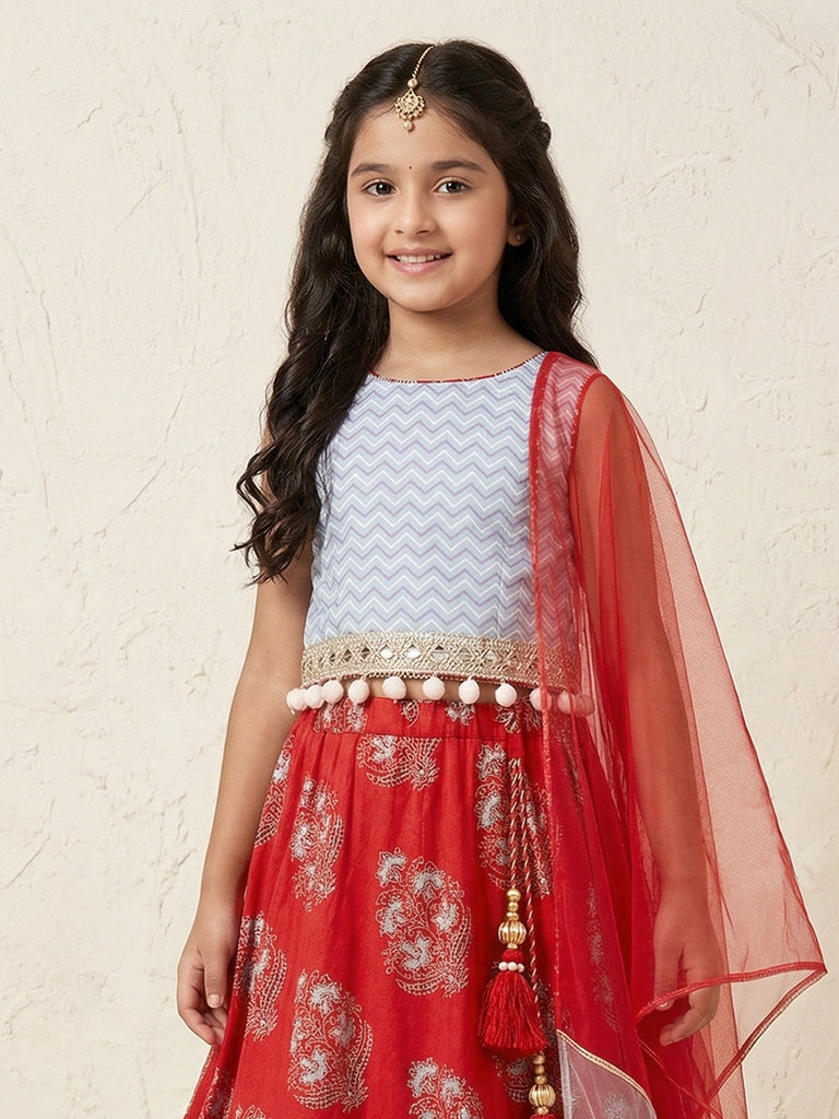 Pspeaches Girls Sky Blue & Red Ethnic Motiff Print flared Cotton Lehenga & Choli With Dupatta (Sku-L-Floralfirozi)