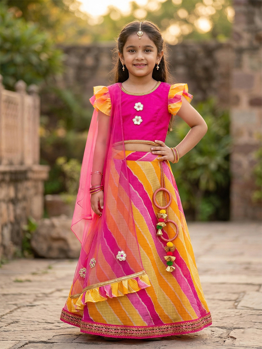 Pspeaches Girls Red Ethnic Kota Print flared Lehenga & Fuschai pink silk Choli With Dupatta