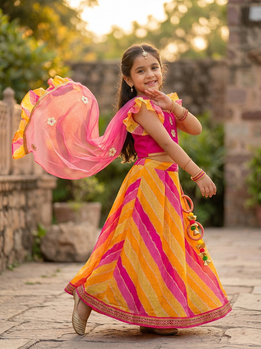 Pspeaches Girls Red Ethnic Kota Print flared Lehenga & Fuschai pink silk Choli With Dupatta