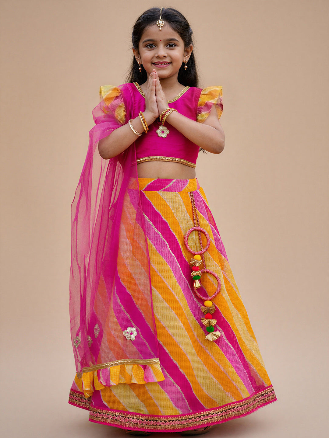 Pspeaches Girls Red Ethnic Kota Print flared Lehenga & Fuschai pink silk Choli With Dupatta