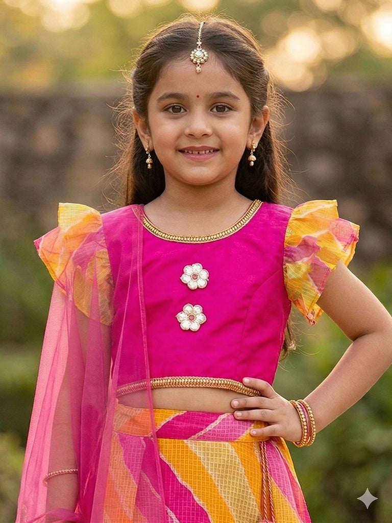 Pspeaches Girls Red Ethnic Kota Print flared Lehenga & Fuschai pink silk Choli With Dupatta