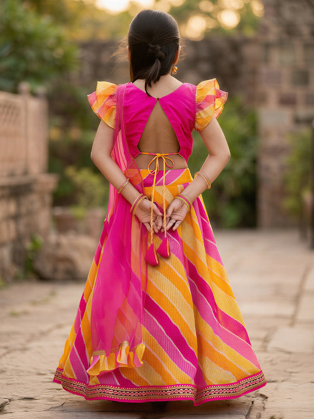 Pspeaches Girls Red Ethnic Kota Print flared Lehenga & Fuschai pink silk Choli With Dupatta