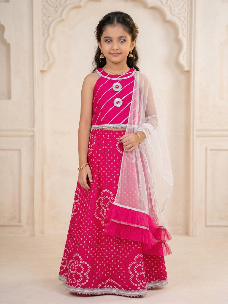 Pspeaches Girls Magenta Ethnic Bandhani Cotton Lehenga & Choli With Dupatta (Sku-L-Magentabandhni)