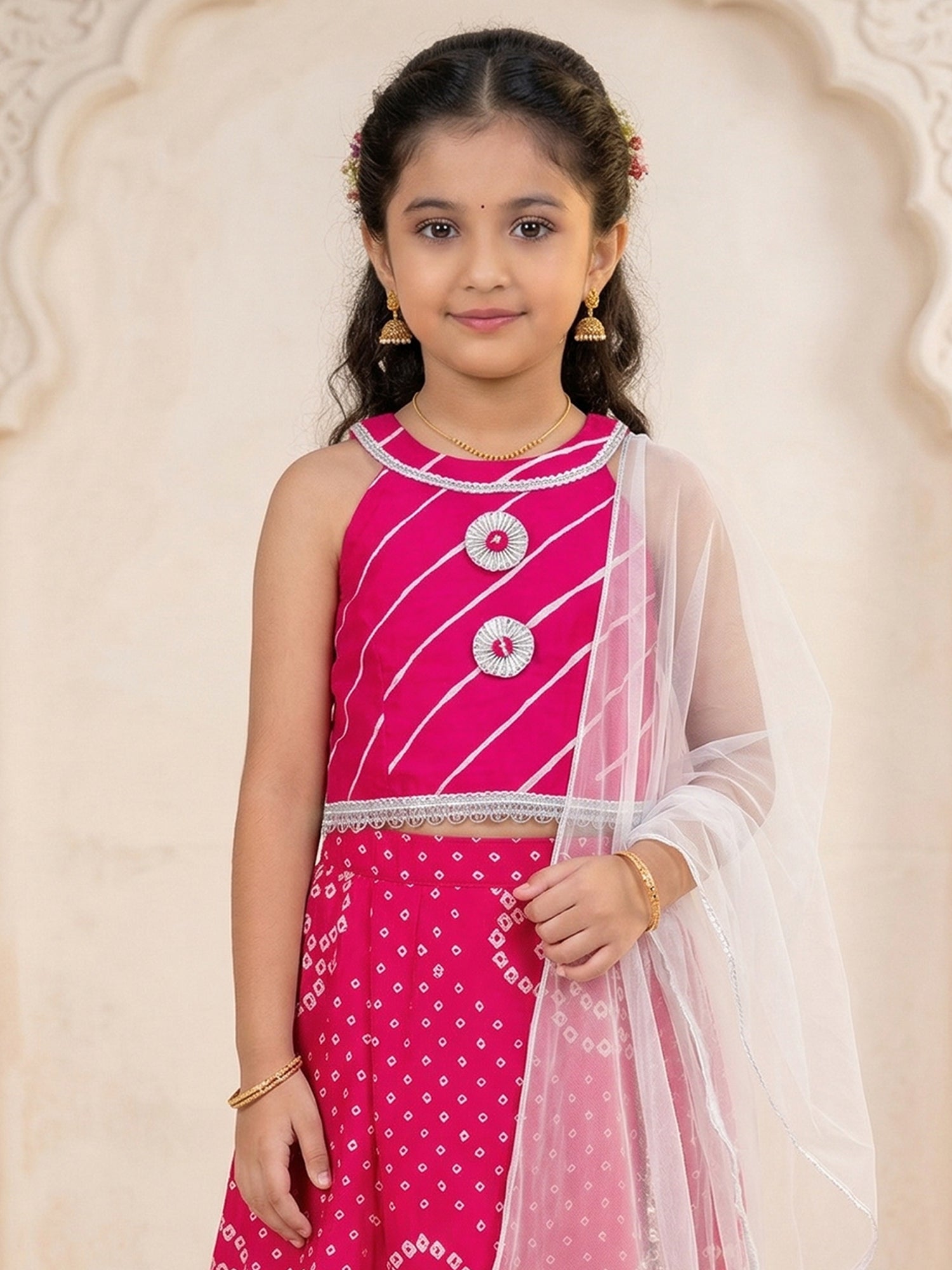 Pspeaches Girls Magenta Ethnic Bandhani Cotton Lehenga & Choli With Dupatta (Sku-L-Magentabandhni)