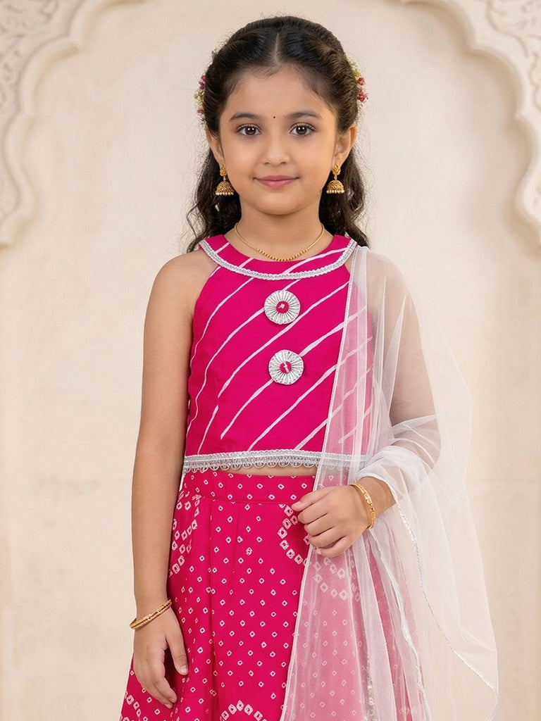 Pspeaches Girls Magenta Ethnic Bandhani Cotton Lehenga & Choli With Dupatta (Sku-L-Magentabandhni)