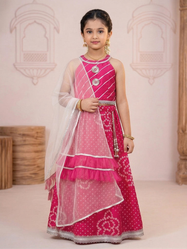 Pspeaches Girls Magenta Ethnic Bandhani Cotton Lehenga & Choli With Dupatta (Sku-L-Magentabandhni)