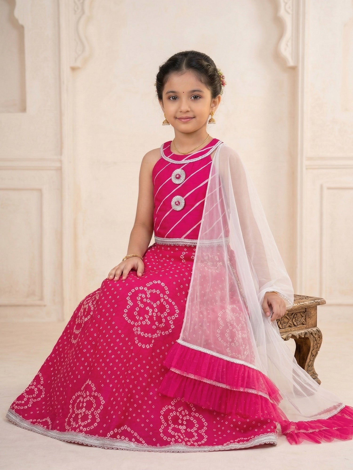 Pspeaches Girls Magenta Ethnic Bandhani Cotton Lehenga & Choli With Dupatta (Sku-L-Magentabandhni)