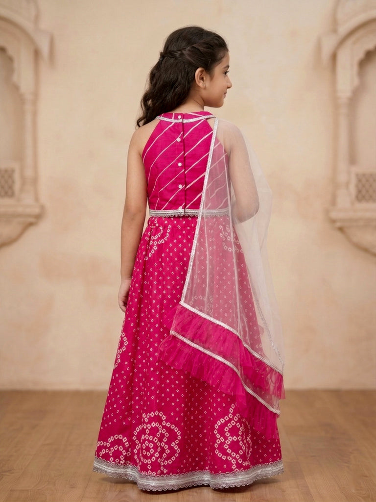 Pspeaches Girls Magenta Ethnic Bandhani Cotton Lehenga & Choli With Dupatta (Sku-L-Magentabandhni)