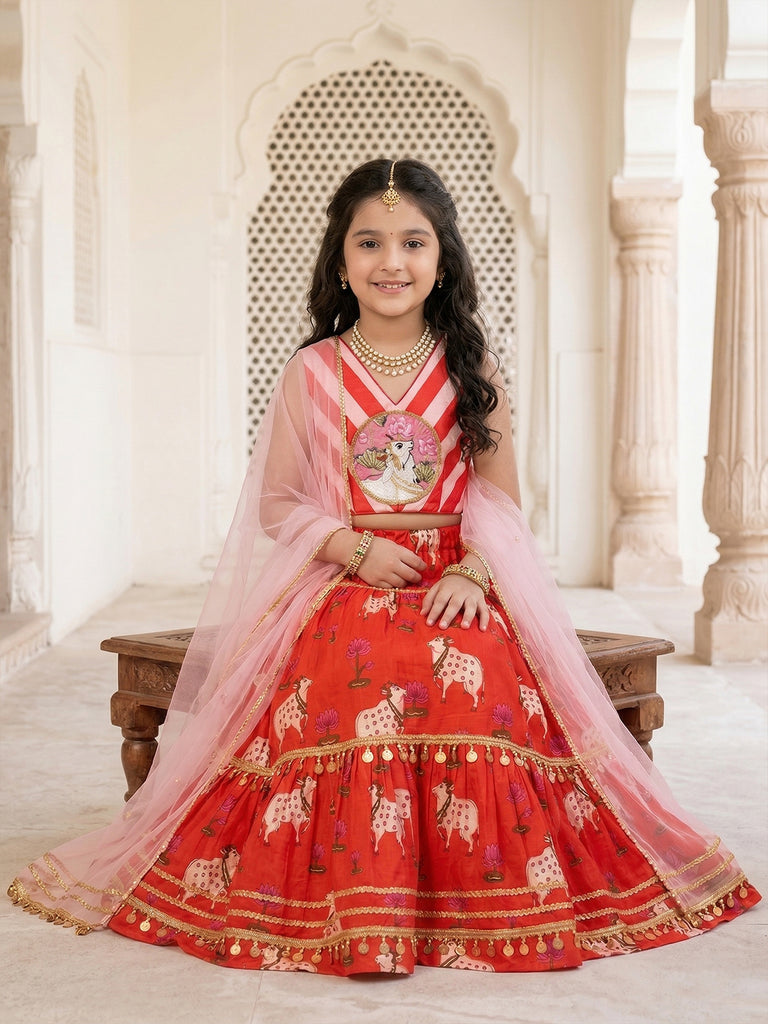 Pspeaches Girls Orange Ethnic Pichwai Printed flared Cotton Lehenga & Choli With Dupatta (Sku-L-Orangewtstripe)