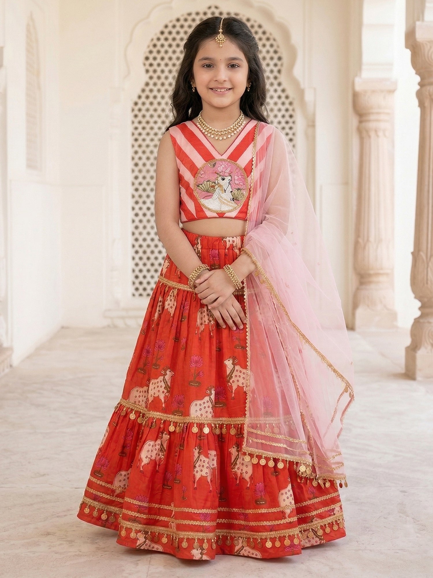 Pspeaches Girls Orange Ethnic Pichwai Printed flared Cotton Lehenga & Choli With Dupatta (Sku-L-Orangewtstripe)