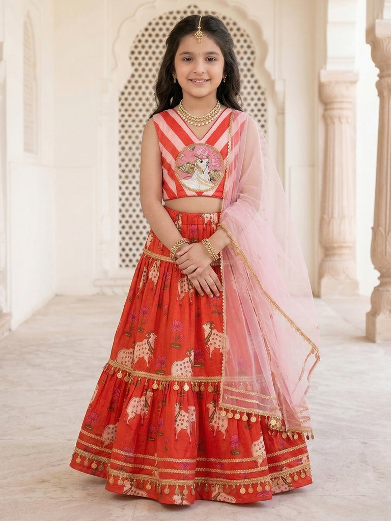 Pspeaches Girls Orange Ethnic Pichwai Printed flared Cotton Lehenga & Choli With Dupatta (Sku-L-Orangewtstripe)