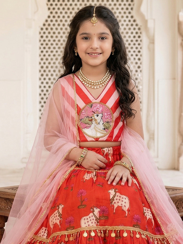 Pspeaches Girls Orange Ethnic Pichwai Printed flared Cotton Lehenga & Choli With Dupatta (Sku-L-Orangewtstripe)