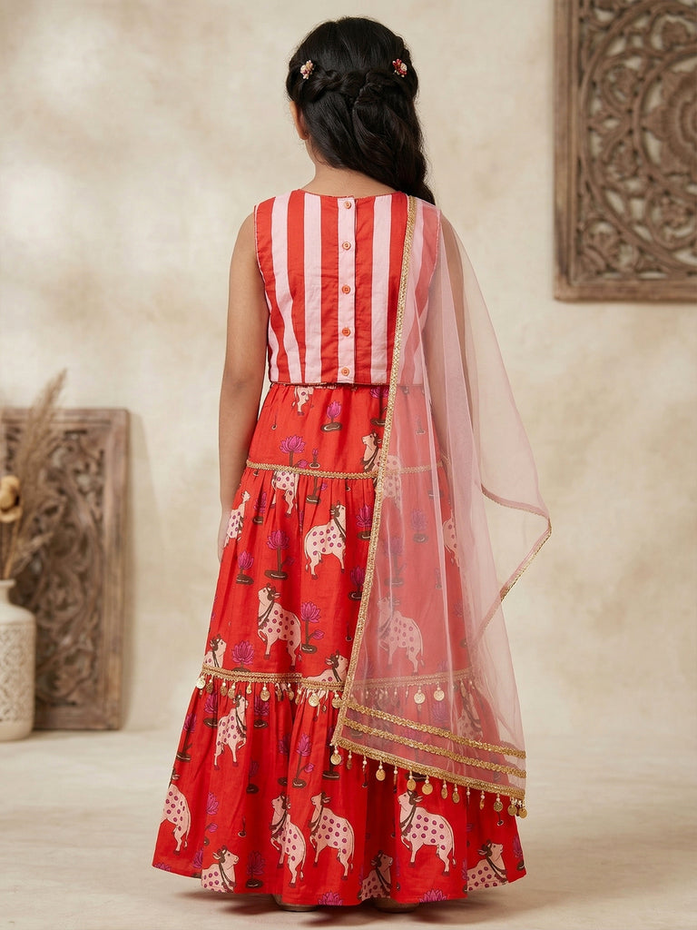 Pspeaches Girls Orange Ethnic Pichwai Printed flared Cotton Lehenga & Choli With Dupatta (Sku-L-Orangewtstripe)
