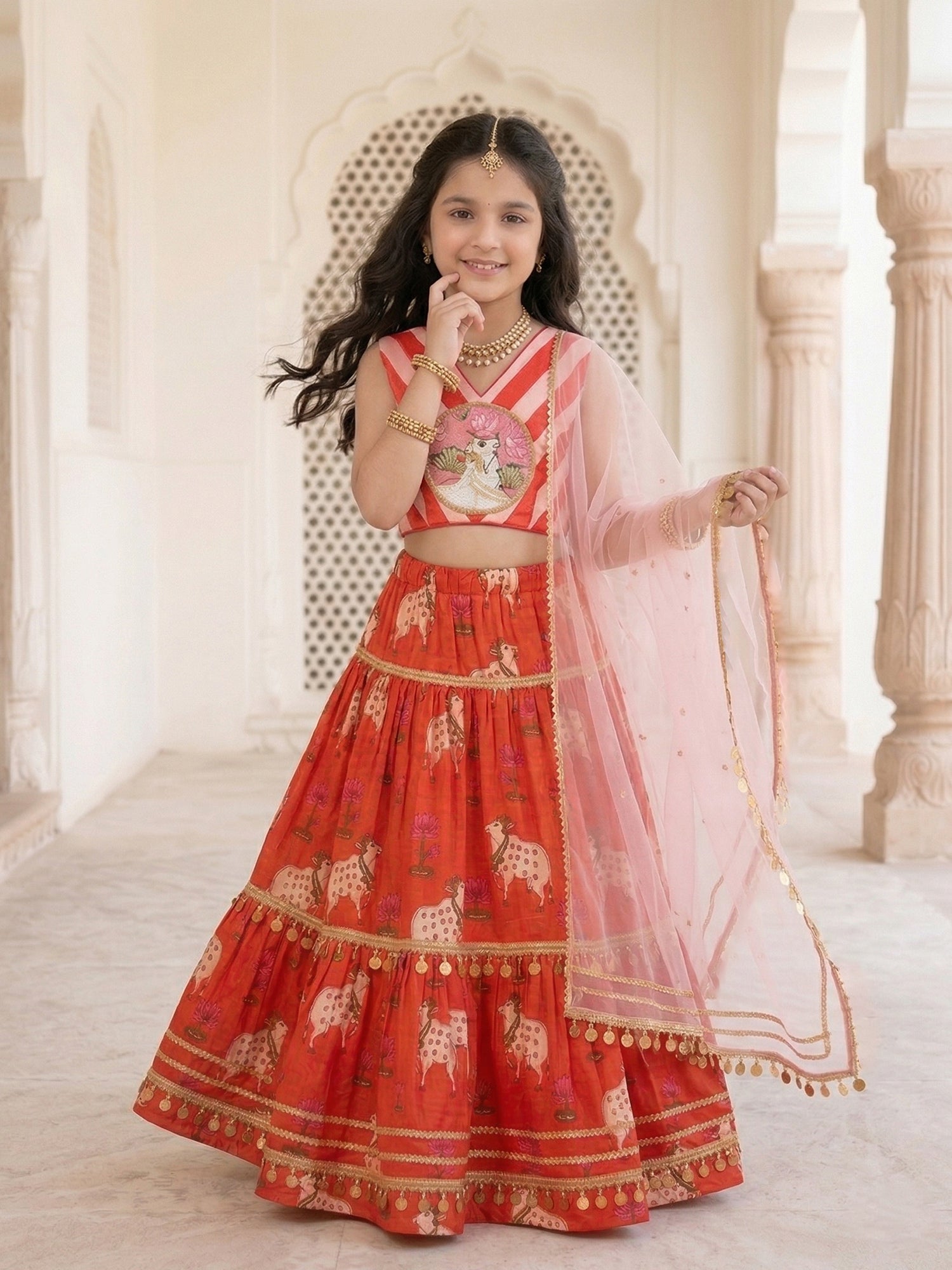 Pspeaches Girls Orange Ethnic Pichwai Printed flared Cotton Lehenga & Choli With Dupatta (Sku-L-Orangewtstripe)