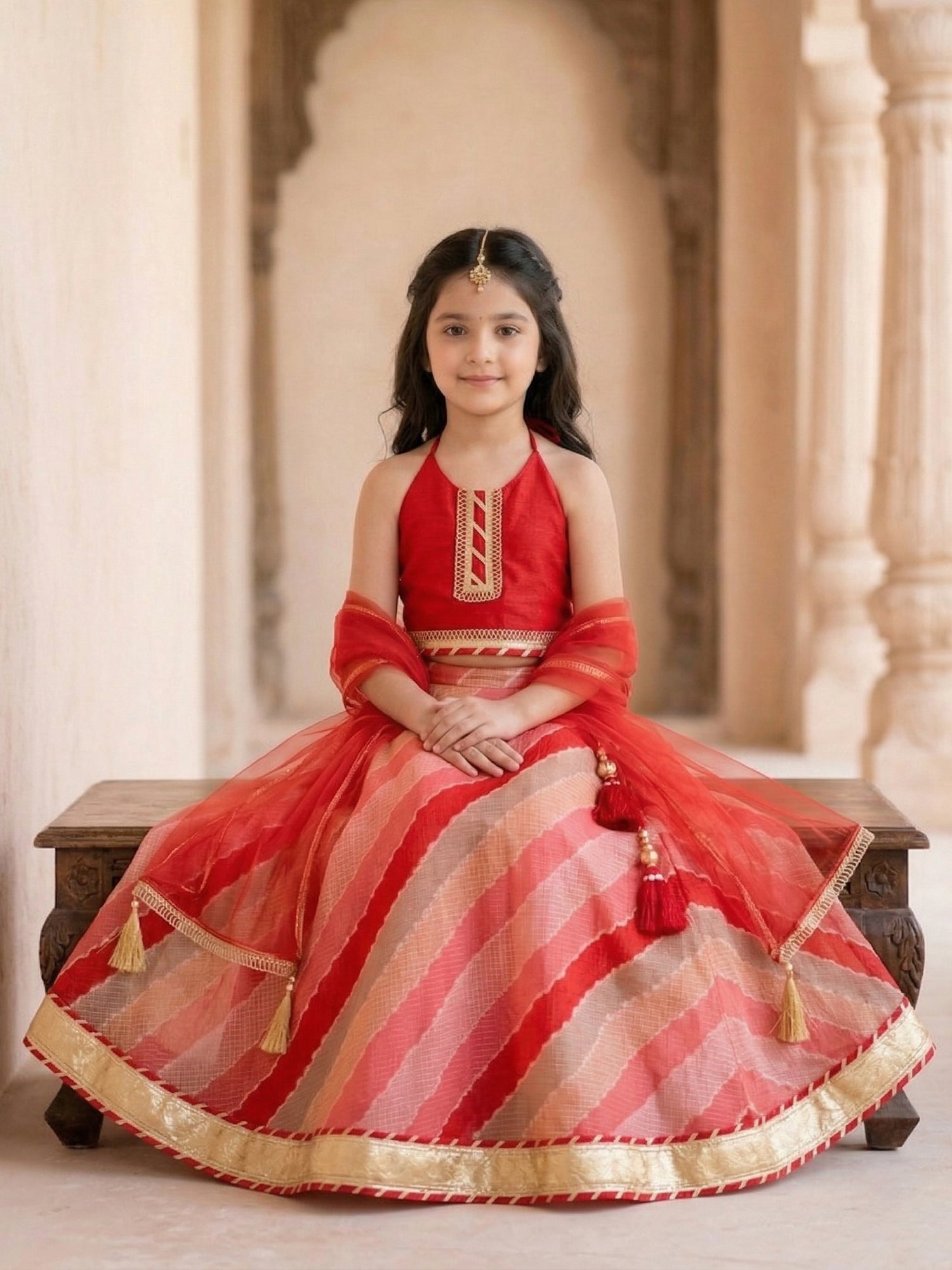Pspeaches Girls Red Ethnic leheriya Kota Print  Lehenga & Choli With Dupatta (Sku-L-Redkota)
