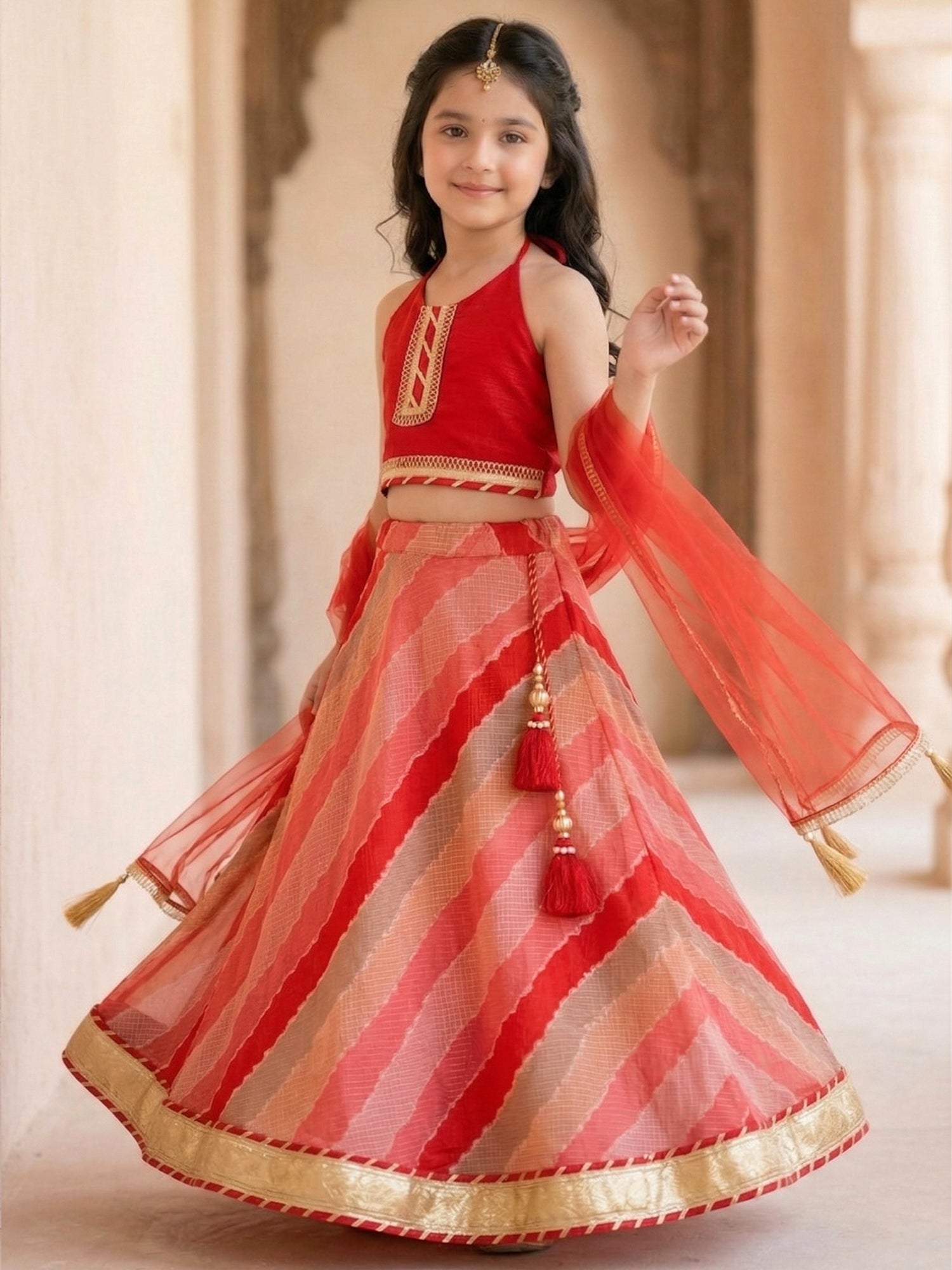 Pspeaches Girls Red Ethnic leheriya Kota Print  Lehenga & Choli With Dupatta (Sku-L-Redkota)