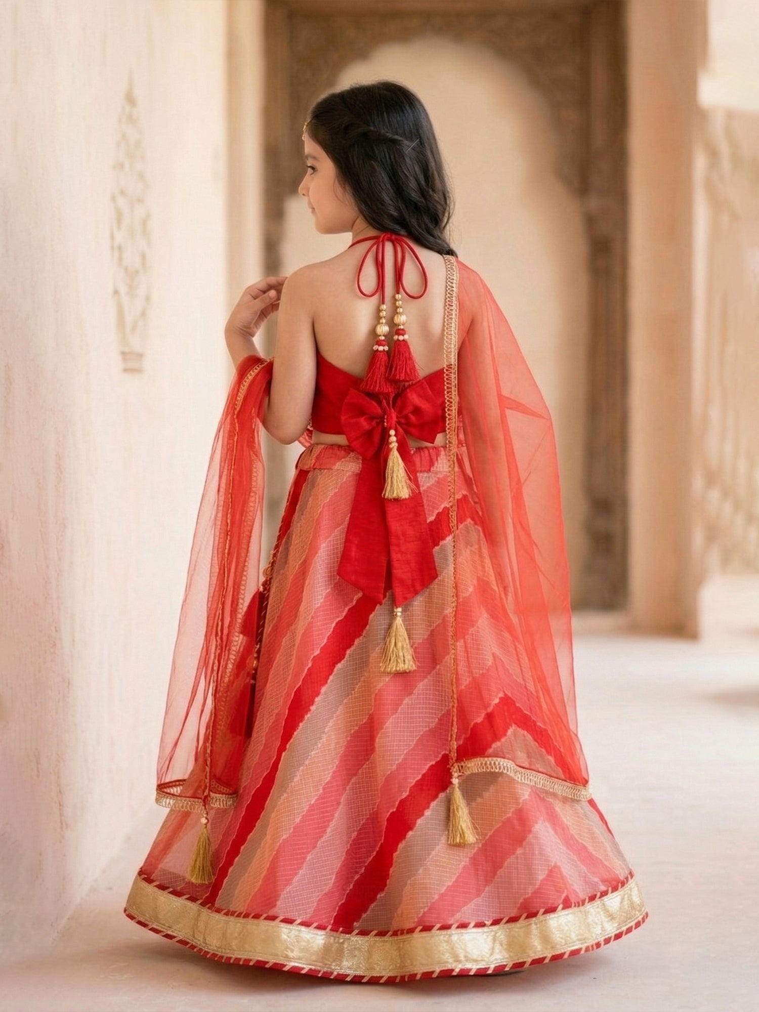 Pspeaches Girls Red Ethnic leheriya Kota Print  Lehenga & Choli With Dupatta (Sku-L-Redkota)