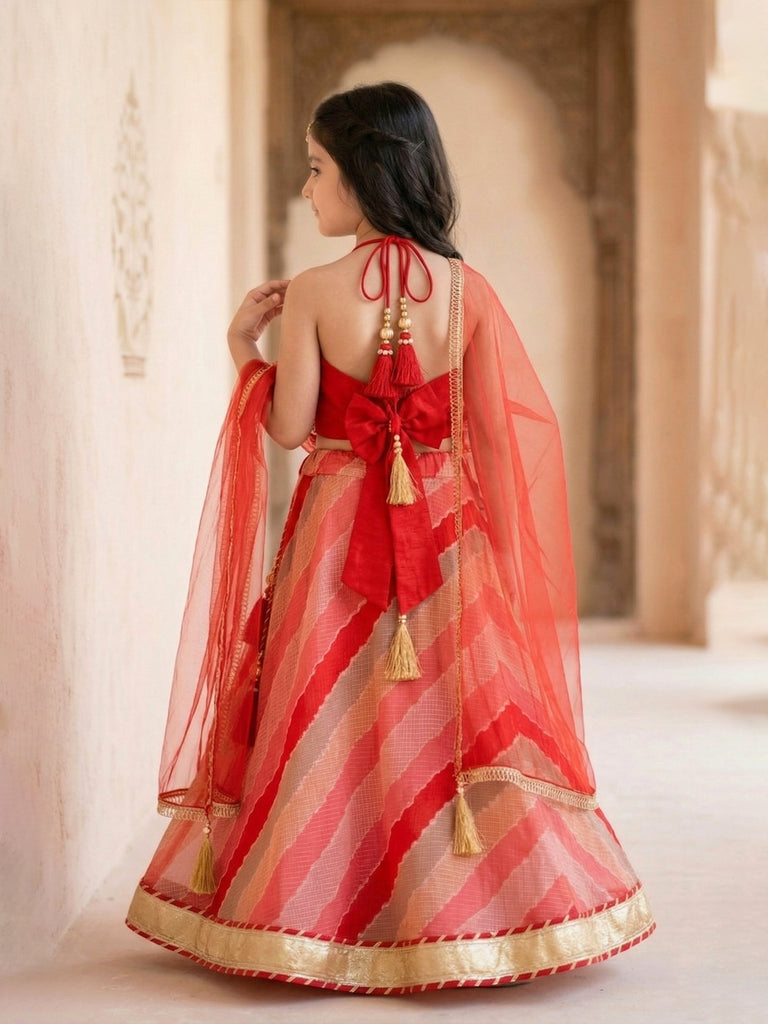Pspeaches Girls Red Ethnic leheriya Kota Print  Lehenga & Choli With Dupatta (Sku-L-Redkota)