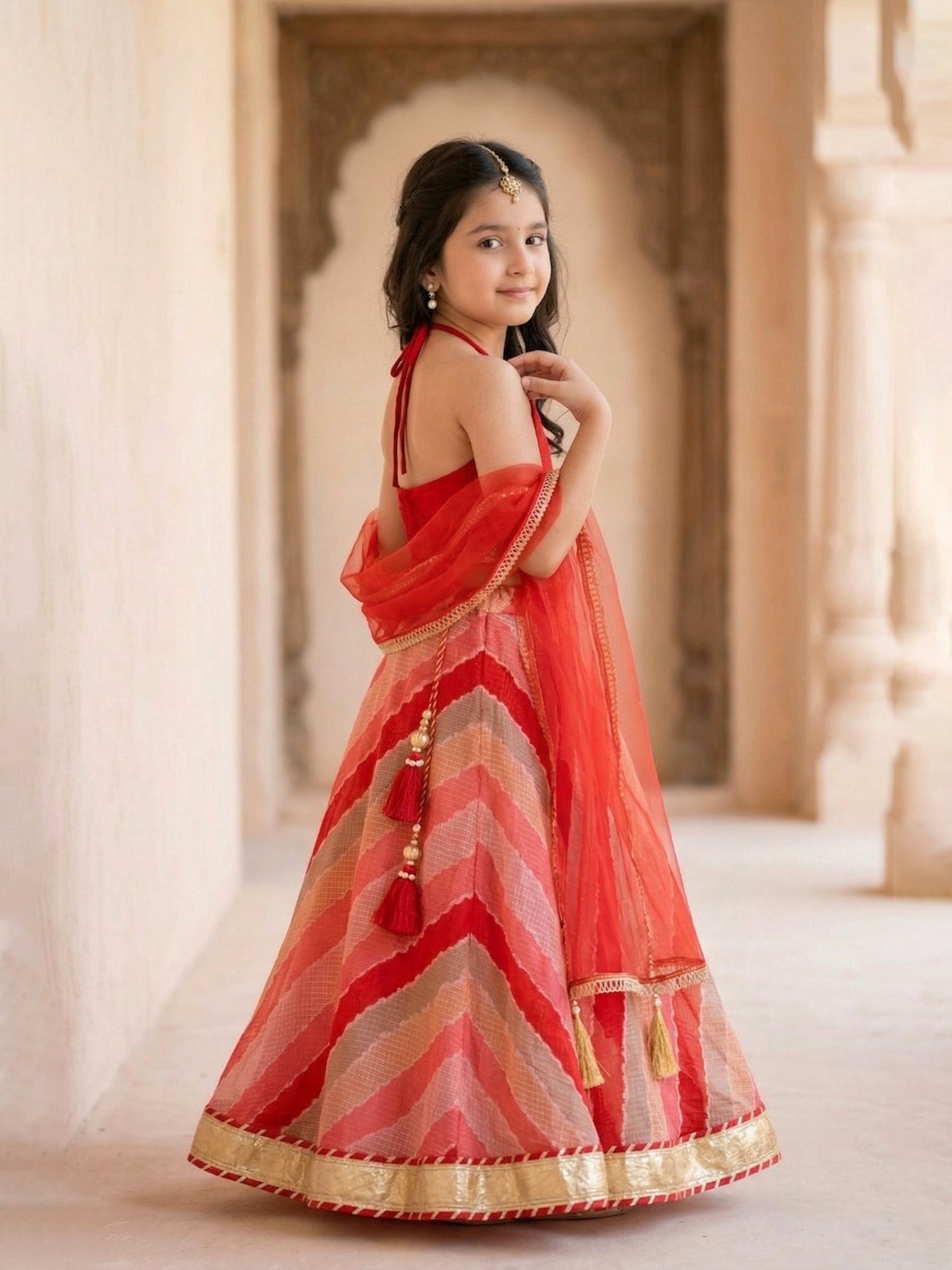 Pspeaches Girls Red Ethnic leheriya Kota Print  Lehenga & Choli With Dupatta (Sku-L-Redkota)