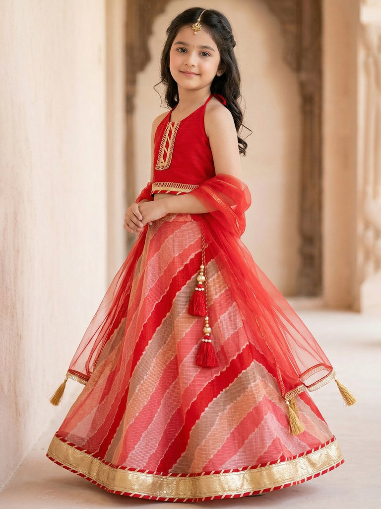 Pspeaches Girls Red Ethnic leheriya Kota Print  Lehenga & Choli With Dupatta (Sku-L-Redkota)