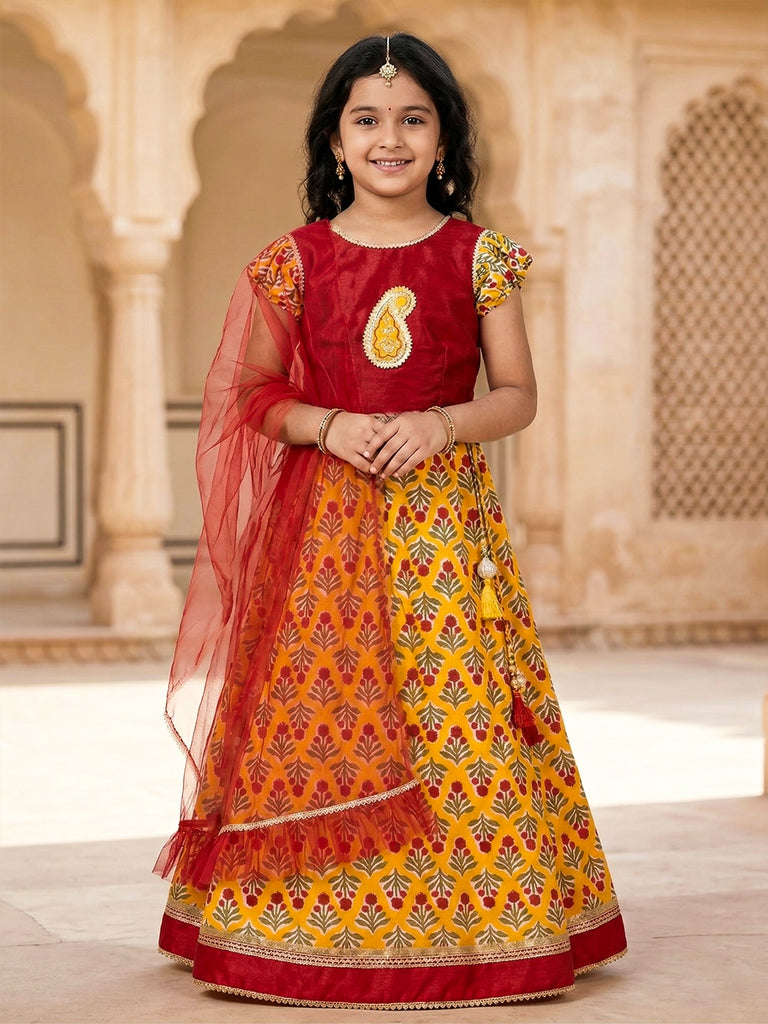 Pspeaches Girls Red & Yellow Ethnic Floral Print flared Cotton lehengha & silk Choli With Dupatta