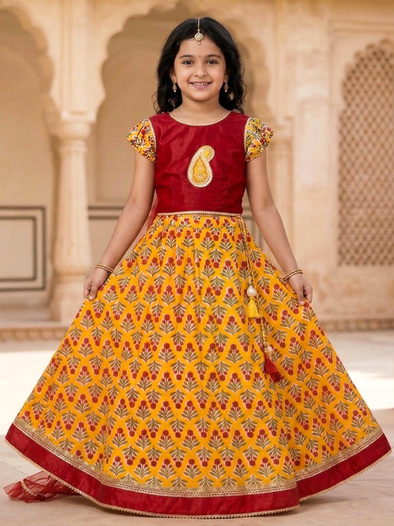 Pspeaches Girls Red & Yellow Ethnic Floral Print flared Cotton lehengha & silk Choli With Dupatta