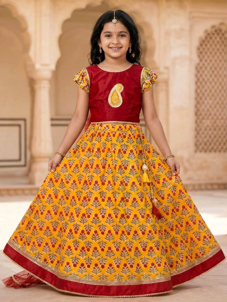 Pspeaches Girls Red & Yellow Ethnic Floral Print flared Cotton lehengha & silk Choli With Dupatta
