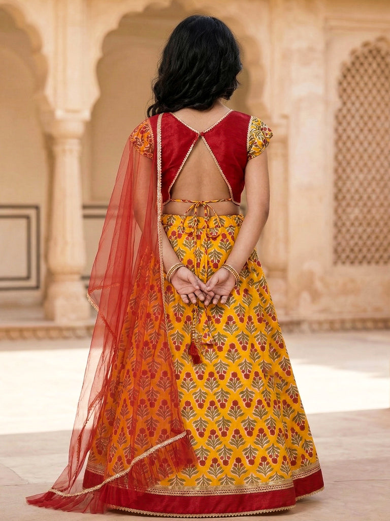 Pspeaches Girls Red & Yellow Ethnic Floral Print flared Cotton lehengha & silk Choli With Dupatta