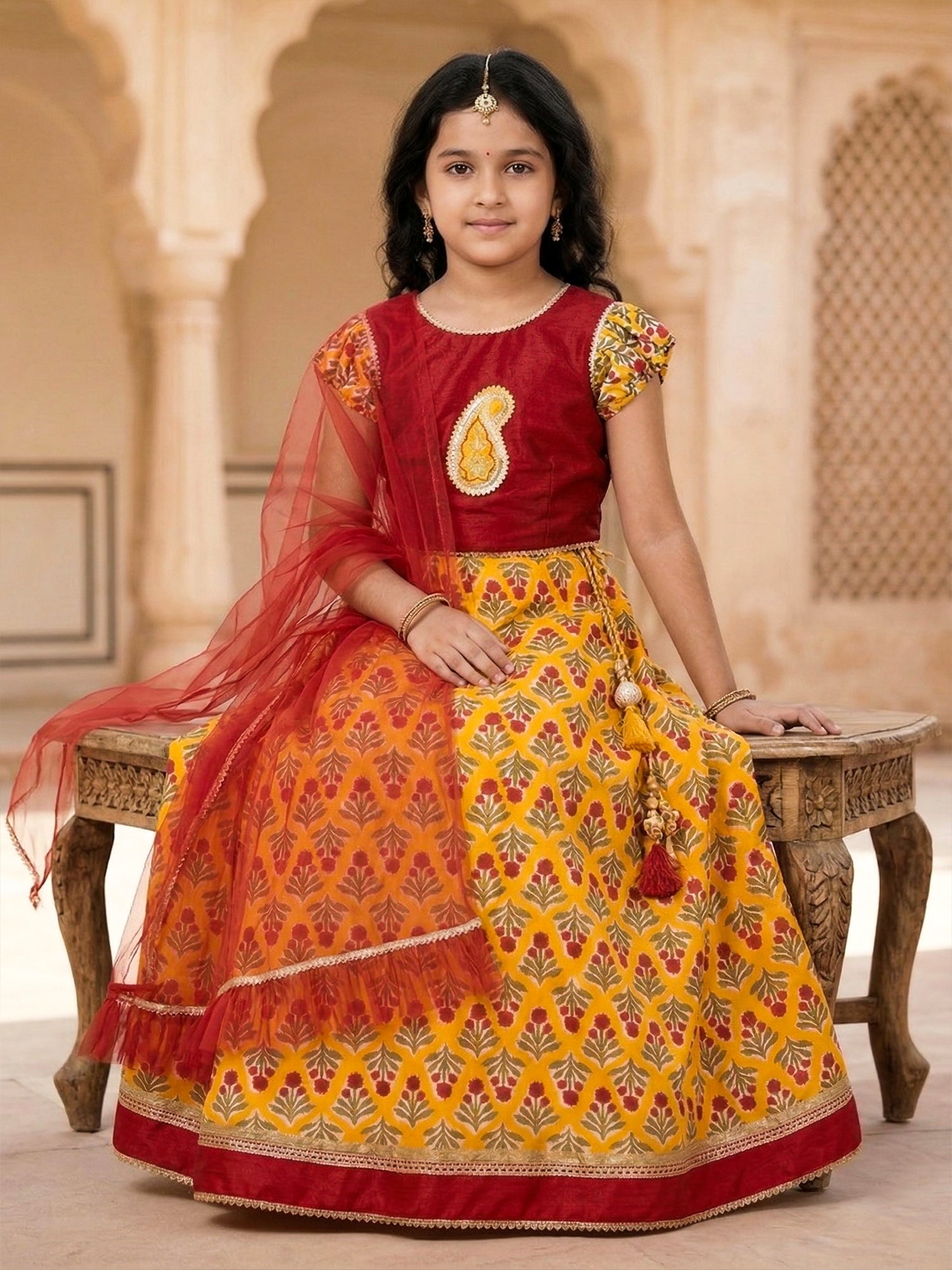 Pspeaches Girls Red & Yellow Ethnic Floral Print flared Cotton lehengha & silk Choli With Dupatta