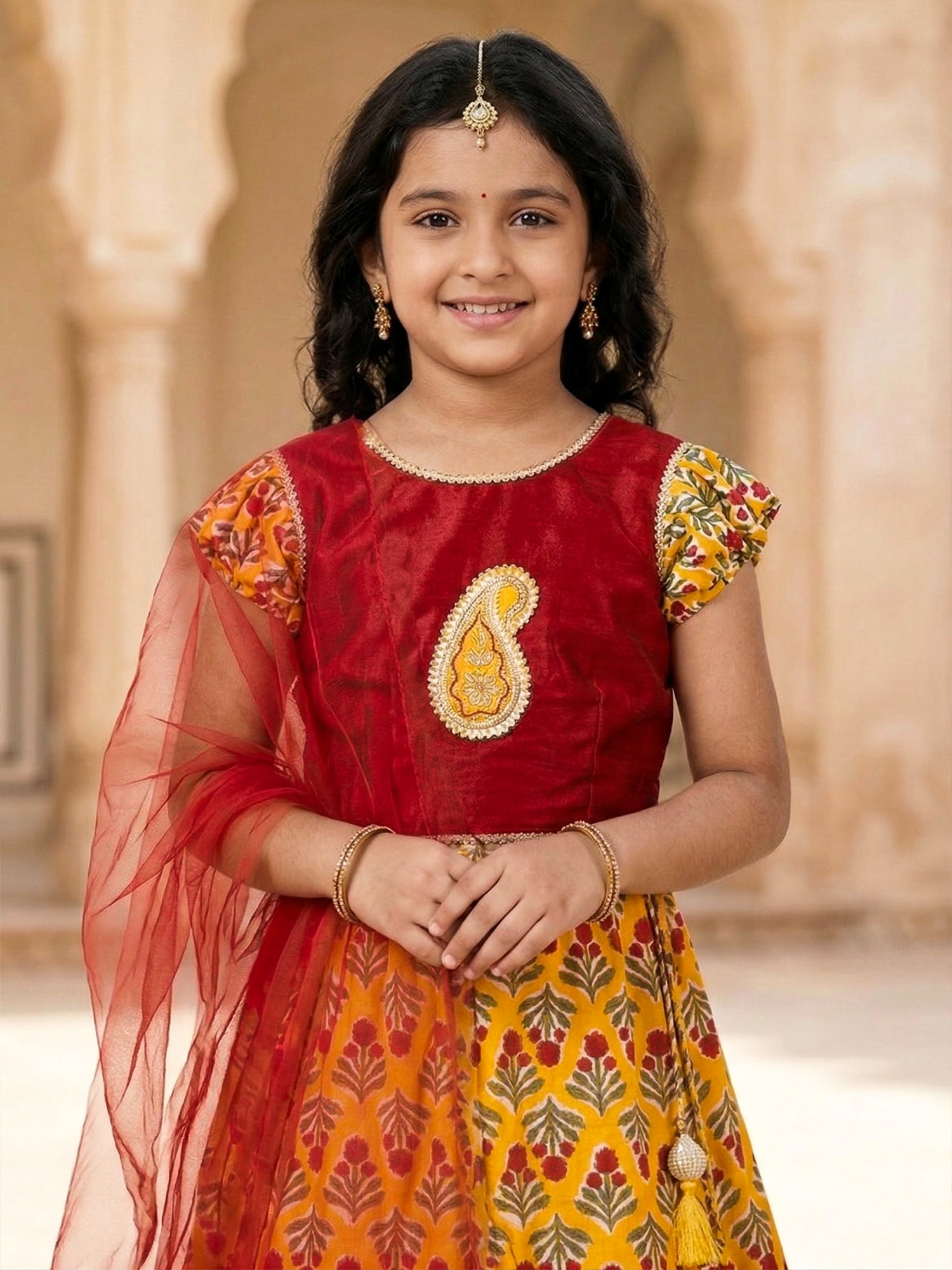 Pspeaches Girls Red & Yellow Ethnic Floral Print flared Cotton lehengha & silk Choli With Dupatta