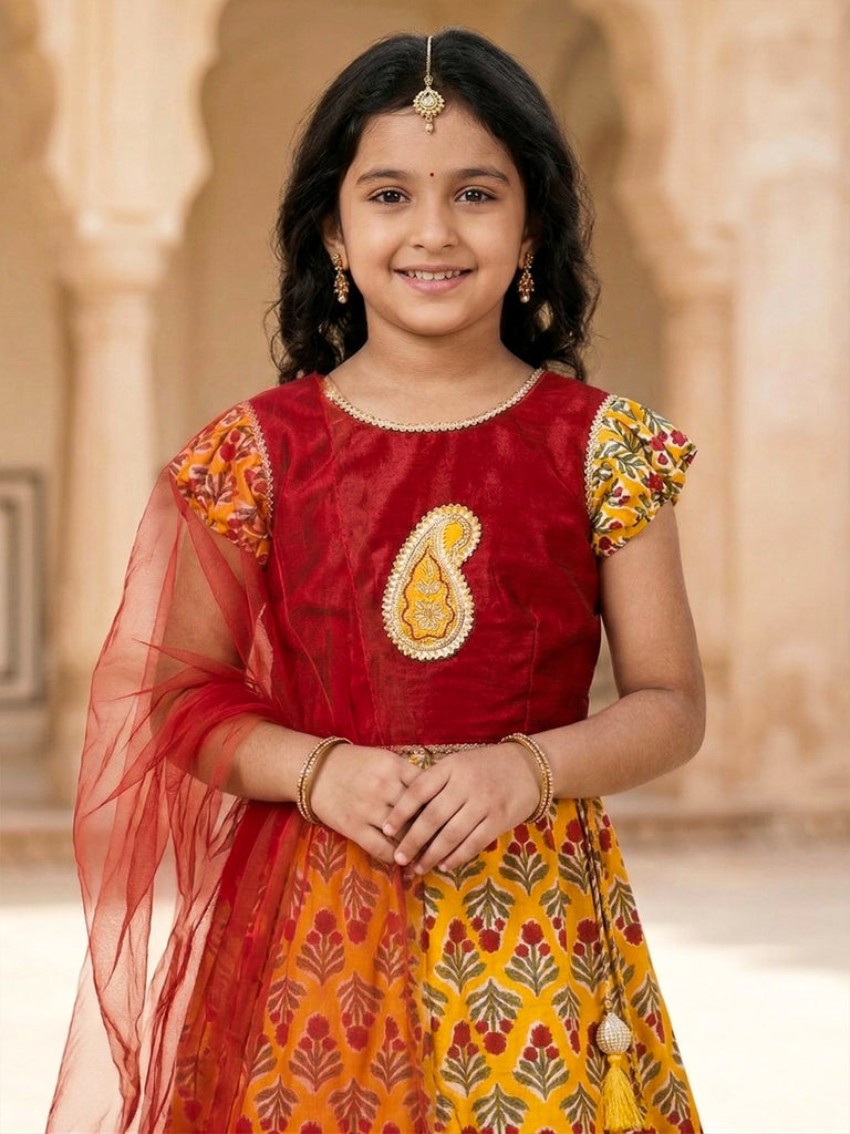 Pspeaches Girls Red & Yellow Ethnic Floral Print flared Cotton lehengha & silk Choli With Dupatta