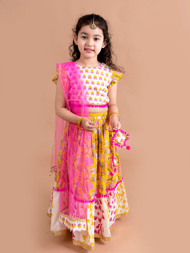 Girls Yellow & White Printed Ready to Wear Lehenga & Blouse With Dupatta (L-yellowpanel)