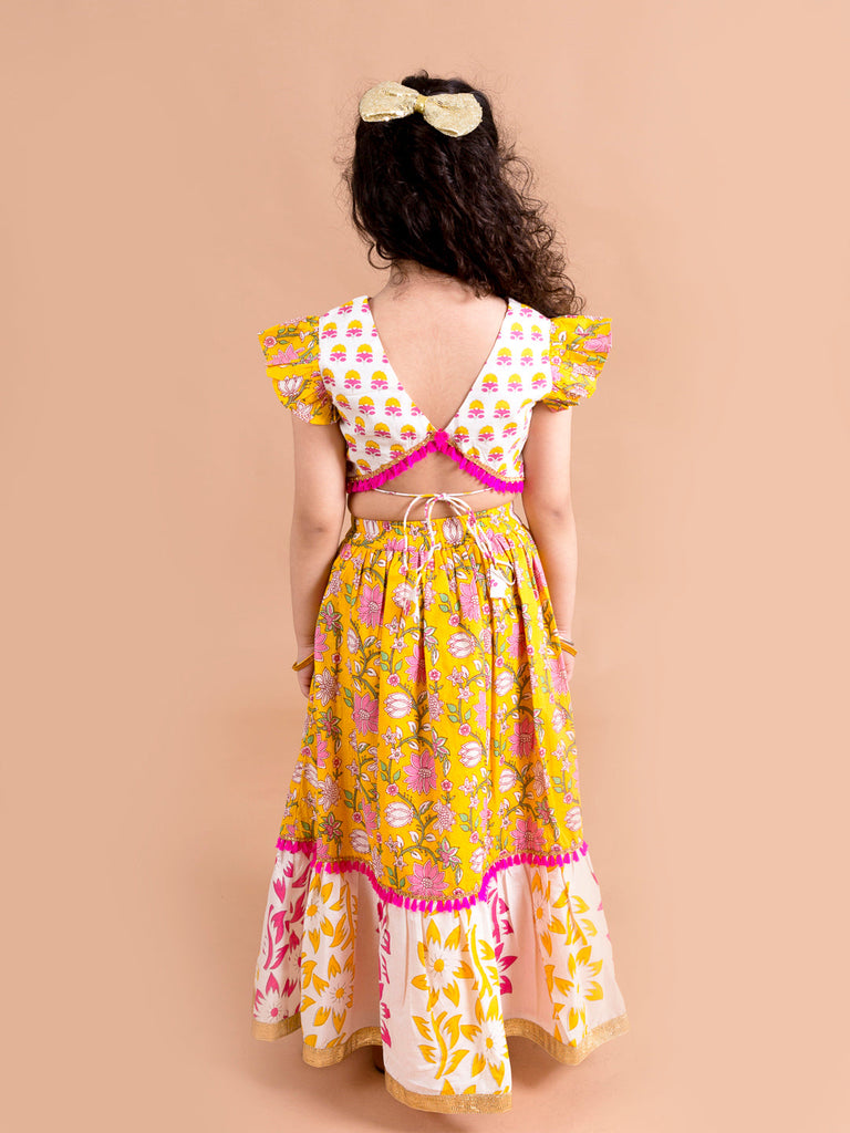 Girls Yellow & White Printed Ready to Wear Lehenga & Blouse With Dupatta (L-yellowpanel)