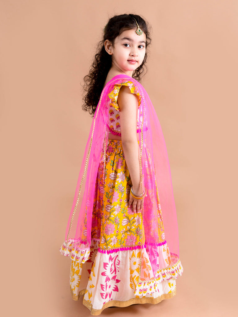 Girls Yellow & White Printed Ready to Wear Lehenga & Blouse With Dupatta (L-yellowpanel)