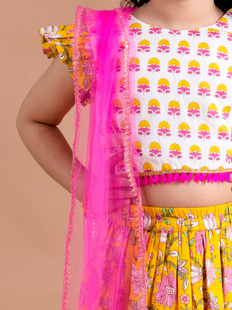 Girls Yellow & White Printed Ready to Wear Lehenga & Blouse With Dupatta (L-yellowpanel)