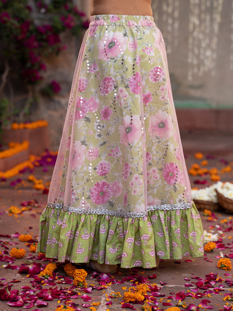 Pspeaches 3-Piece Olive Green Cotton Lehenga, Choli And Dupatta (L25010009)