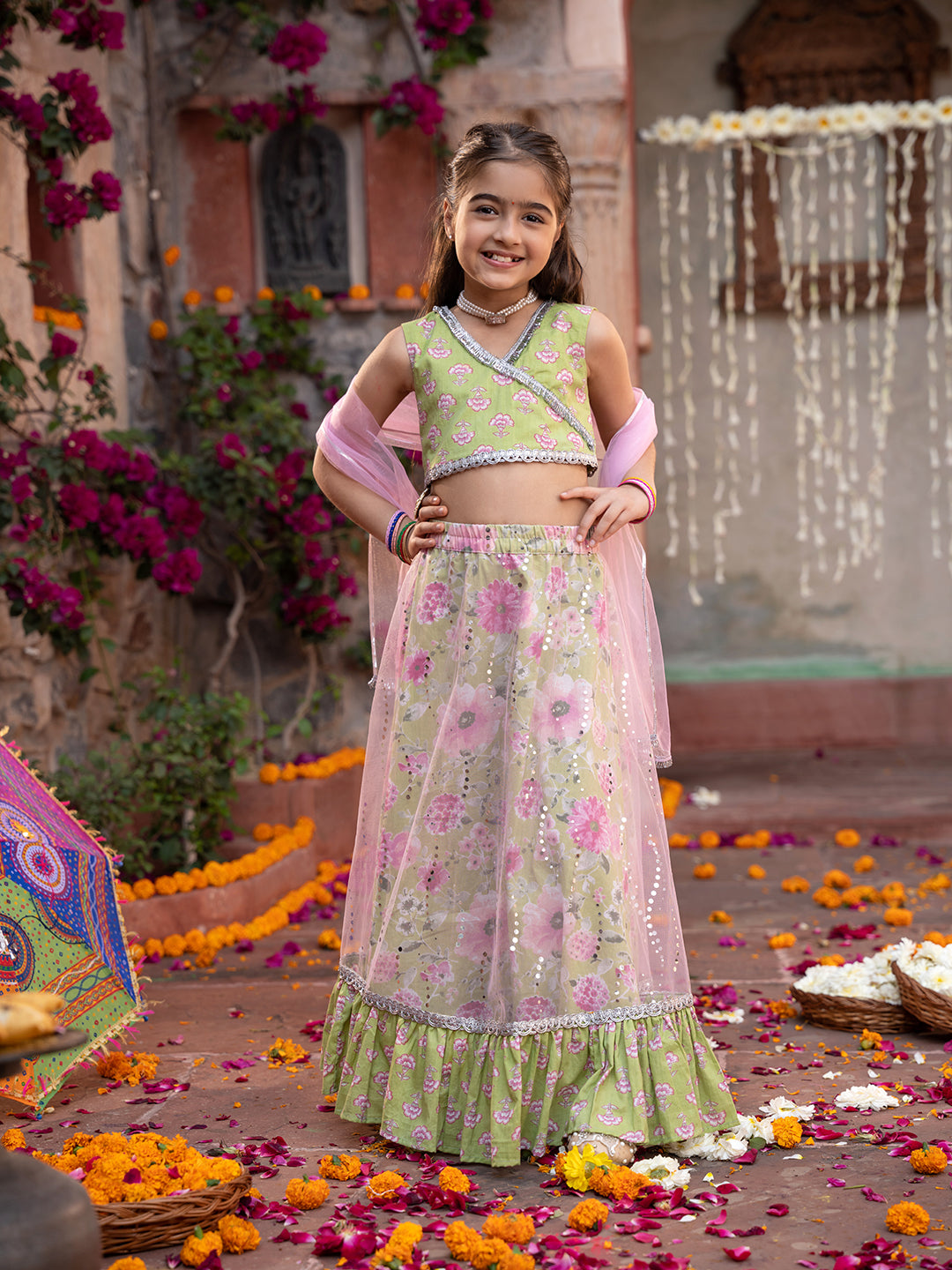 Pspeaches 3-Piece Olive Green Cotton Lehenga, Choli And Dupatta (L25010009)