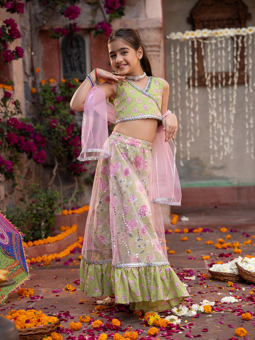 Pspeaches 3-Piece Olive Green Cotton Lehenga, Choli And Dupatta (L25010009)