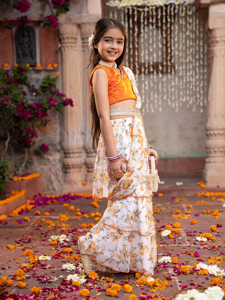 2-Piece Orange & Cream Georgette Lehenga And Choli With Belt