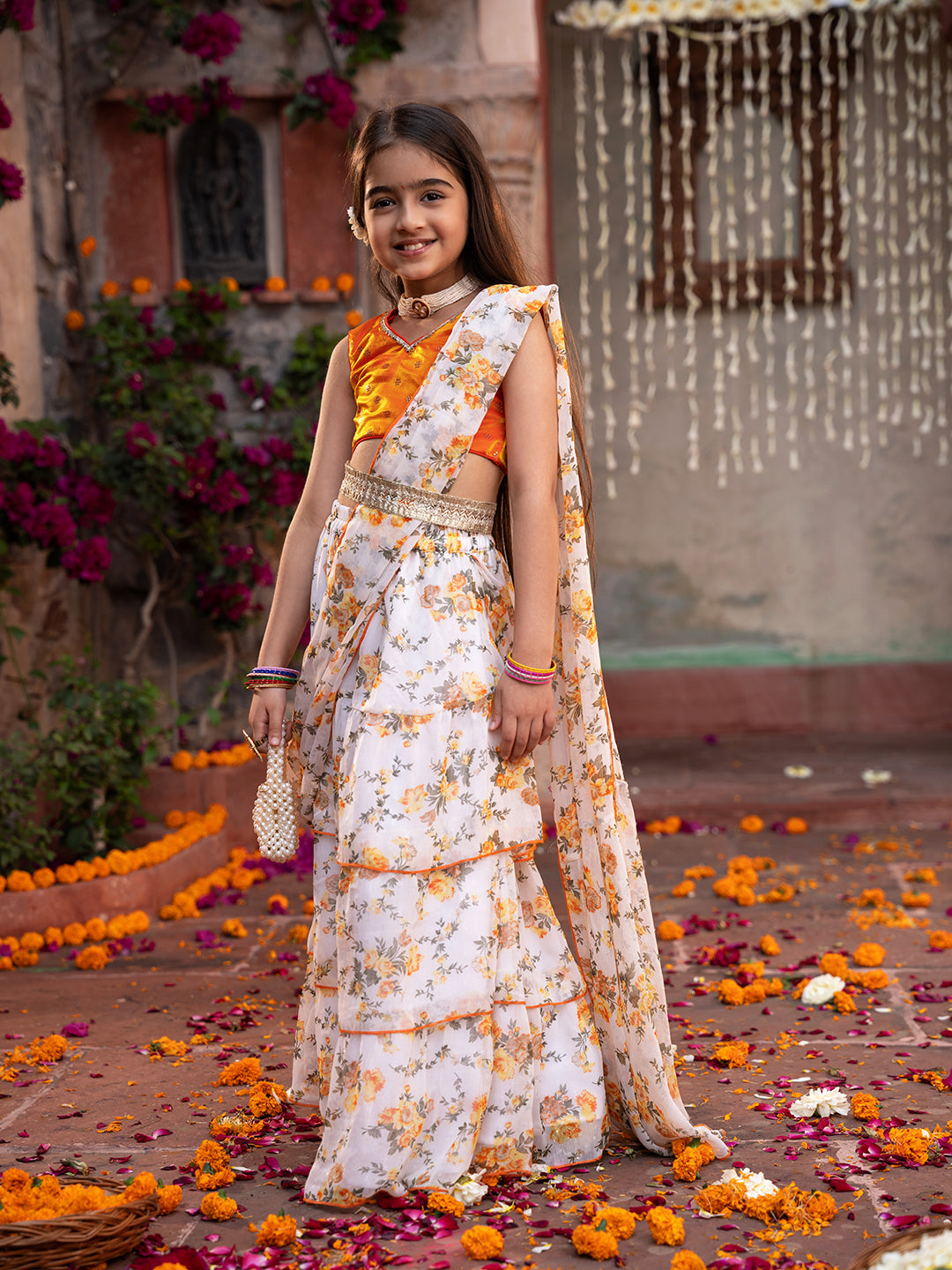 Pspeaches 2-Piece Orange & Cream Georgette Lehenga And Choli with Belt (L25010712)