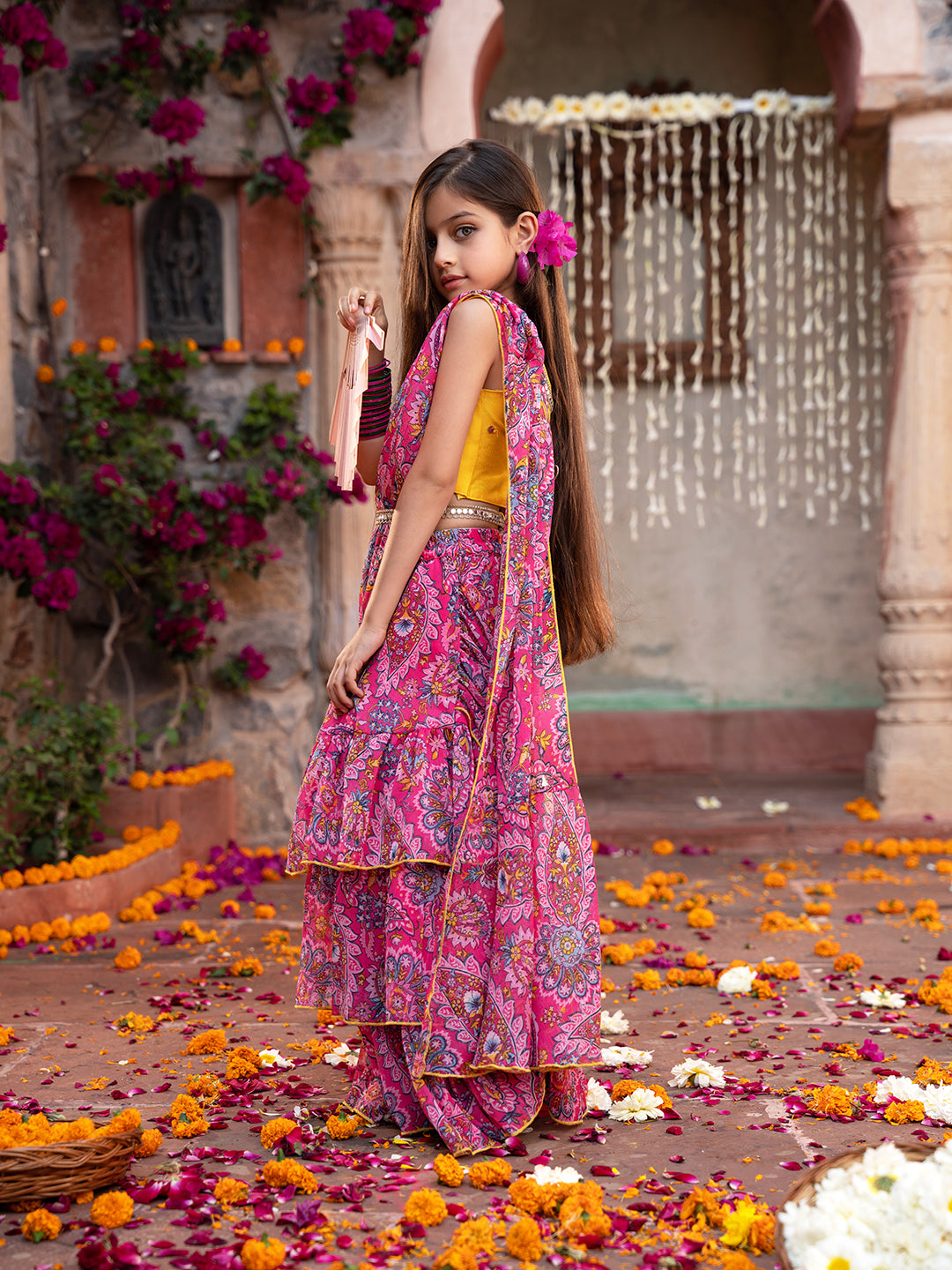 Pspeaches 2-Piece Yellow & Magenta Chiffon Lehenga And Dupion Choli with Belt (L25010914)