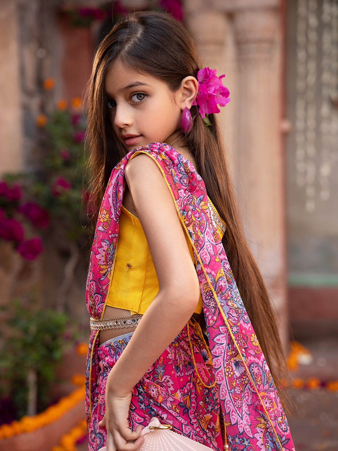 Pspeaches 2-Piece Yellow & Magenta Chiffon Lehenga And Dupion Choli with Belt (L25010914)