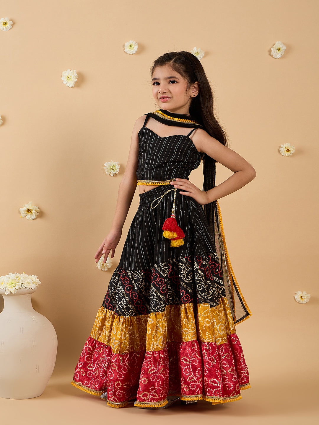 3-Piece Black Cotton Slik Lehenga, Choli And Dupatta (L25012118)
