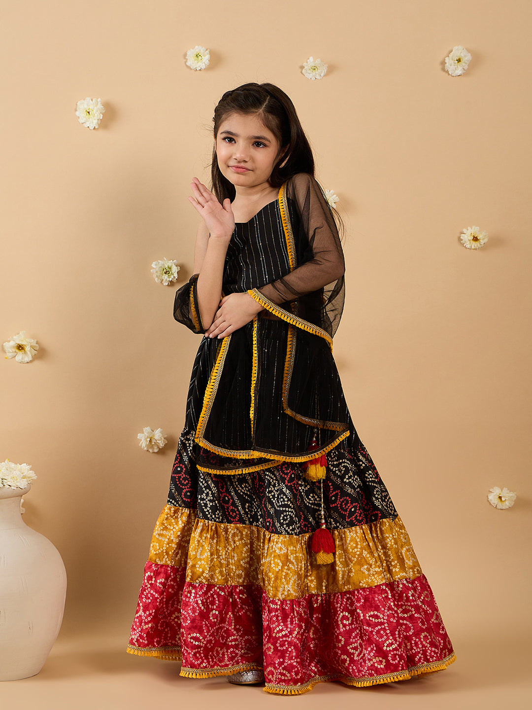 3-Piece Black Cotton Slik Lehenga, Choli And Dupatta (L25012118)