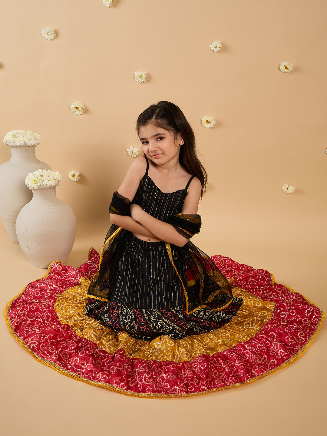 3-Piece Black Cotton Slik Lehenga, Choli And Dupatta (L25012118)