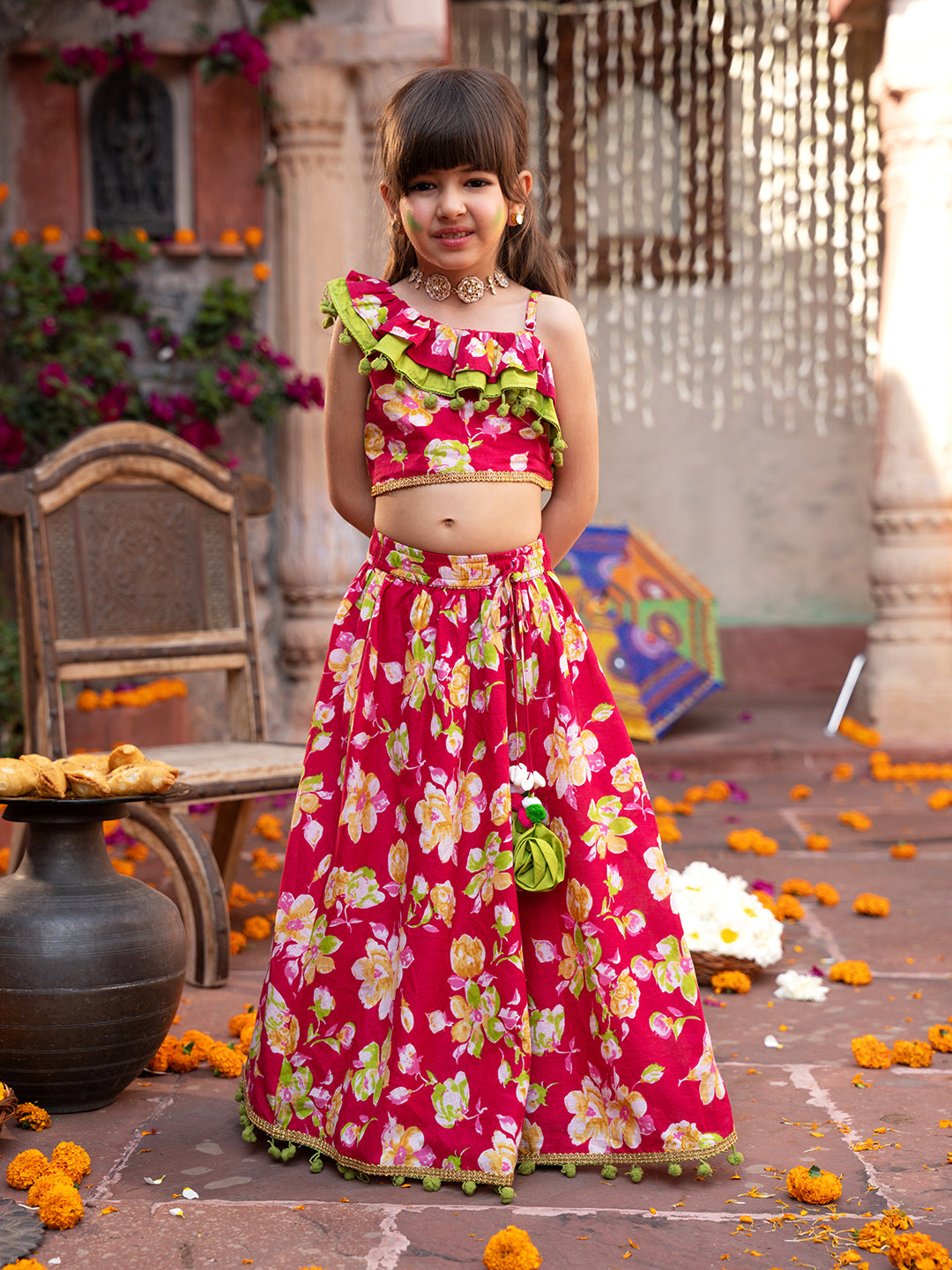 Pspeaches 3-Piece Magenta Cotton Lehenga, Choli And Dupatta (L25023230)