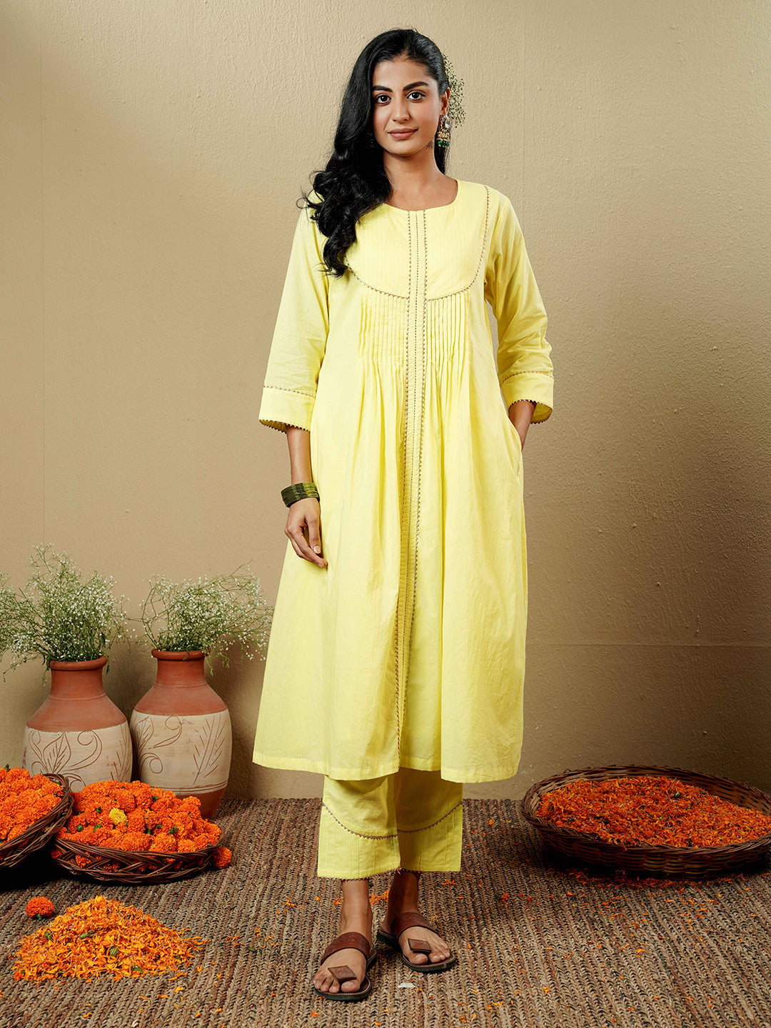 Lemon Yellow Pintuck Detail Cotton Kurta Set